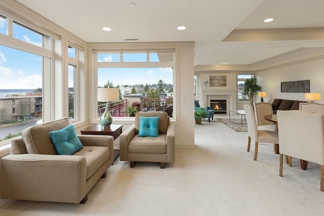 Interior of a modern apartment with neutral-colored fixtures and decor